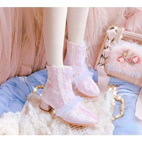 Short boots loli bow shoes sweet plus velvet boots Vintage Sweet girl Lolita Shoes Low Heel Round Head Princess cos Lolita loli