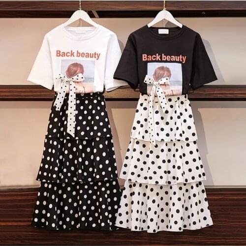 Two Piece Set Women T Shirt + Ruffles Skirt Suit Summer Letter Short Sleeve Tops And Polk Dot Ruffle Long Skirts 2 Piece Outfits