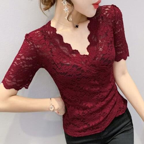 Lace T-Shirt New 2021 Summer Short Sleeve V-Neck Womens tshirt Sexy Hollow Out Solid Color Plus Size Female Tops