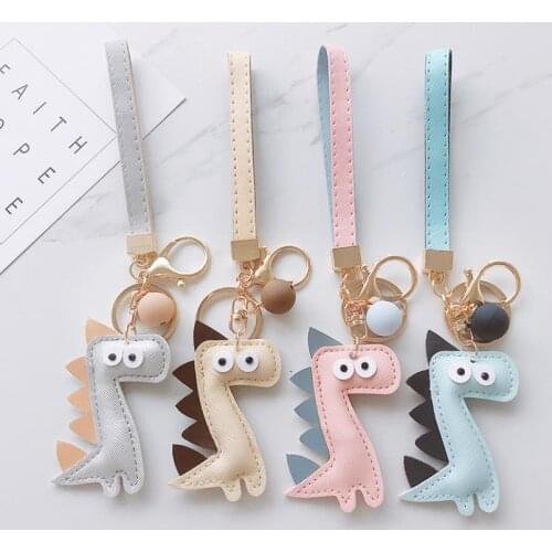 PU Leather Cute Dinosaur Keychain Jewelry Cartoon Animal Key Chain Candy Color Charm Key Ring Bag Pendant Gift For Women Girls