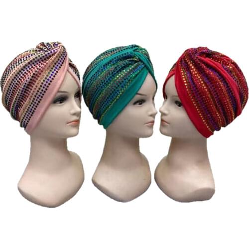 Trendy Sequins Muslim Hats Already Made Gele African Gele Headtie Shining Turban Head Wrap Caps For Women 12pcs/pack