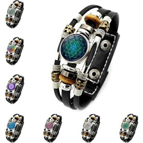 Fashion Glamour Mandala Black Leather Bracelet Henna Leather Bracelet Yoga Om Symbol Zen Buddhist Glass Snap Bracelet Bangles