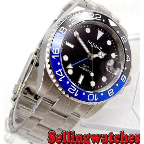 Newest 40mm Parnis black dial ceramic bezel Luminous Hands Sapphire crystal GMT Automatic movement Mechanical Mens Wristwatches