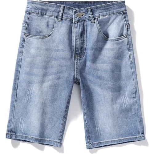 High Quality Denim Knee Length Straight Pants Men Summer Light Blue Casual Shorts Hommes Jeans
