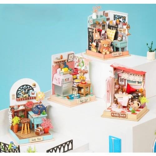 MINI Diy Wooden Miniature Dollhouse Kit Bedroom Living Room Kitchen Combination Villa Toy House Furniture Doll House For Adult