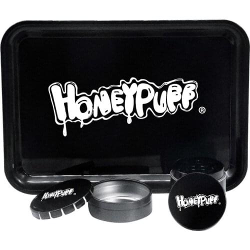 HONEYPUFF Tobacco Smoking Set Kit Plastic Rolling Tray + Metal Tobacco Herb Grinder For Tobacco + Metal Storage Container Jar