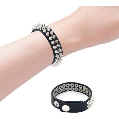 New Gothic Delicate Cuspidal Spikes Rivet Cone Stud Cuff Black Leather Bracelets & Bangles Punk Bracelet Drop Shipping