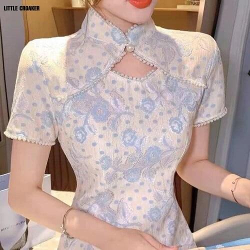 New Oriental Style Hanfu Women Modern Qipao Aodai Design Cheongsam Pearl Beaded Short Qipao Quipao Chinese Dresses