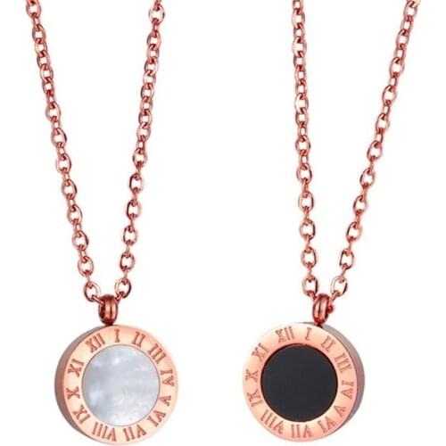 Roman Numeral Black and White Double Sided Shell Necklace Womens Titanium Steel Rose Gold Plating Necklace