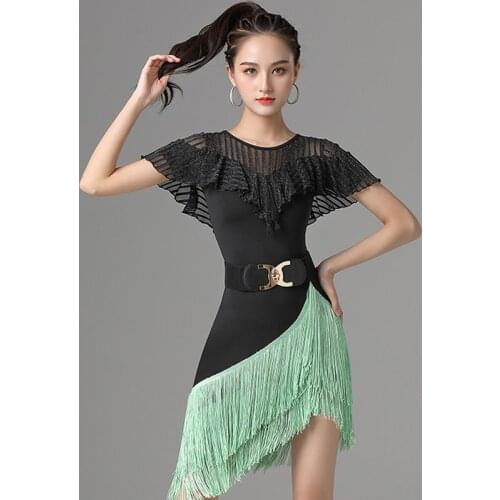 Fringe Latin Dance Dress Women Salsa Dancing Outfits Summer Dress Stage Costume Mesh Dance Practcie Wear Samba Dancewear DL7887