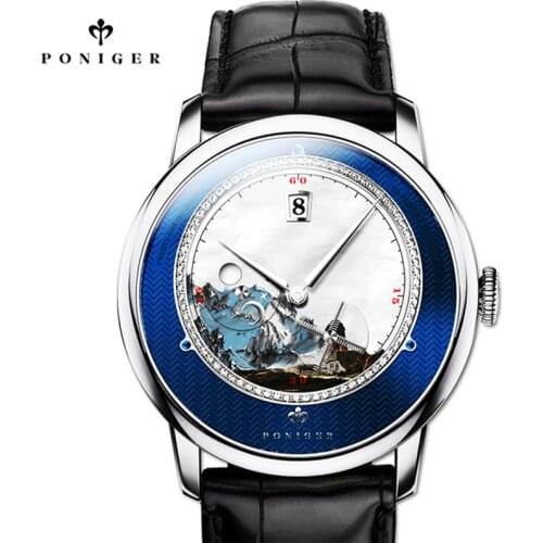 PONIGER Vintage Automatic Men Watch Luxury Men Mechanical Watch Sapphire Glass Waterproof Watch Date Day Night Display Watch