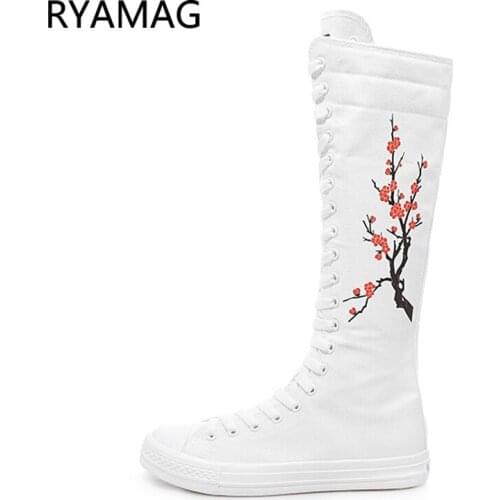 Ryamag 2021 New Womens Canvas Boots Long Dance Boots Shoes Flat fashion printing design Zipper Comfortable Vulcanize Sneakers