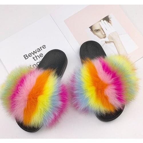 Womens Fox Fur Slides Ladies Fluffy Fur Slippers Female Luxury Party Shoes Girls Furry House Sandals Cuat Colorful Flip Flops