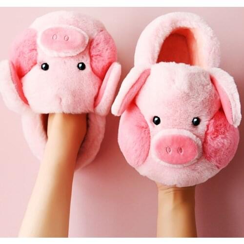 2021 Cute Cartoon Pig Slippers Warm Thick Plush Shoes Couples Home Indoor Non-slip Furry Slides Women Winter Cotton Soft Shoes