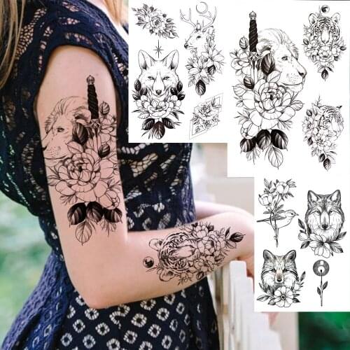 Lion Tiger Sword Flower Temporary Tattoos For Women Girl Fake Wolf Deer Moon Tattoos Sticker Elk Black Peony Forearm Tatto