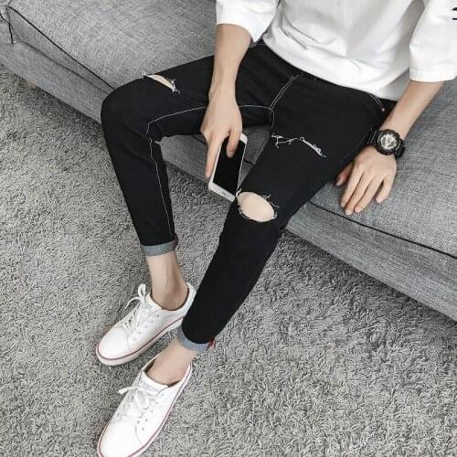 Spring autumn 2020 teenagers pants Cut holes small feet Korean slim casual jeans handsome mens pants students prncil pants