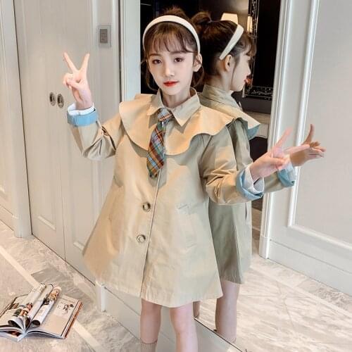 Spring 2021 Girls Ruffle Windbreaker Medium Length Children British Style Fashion Princess Coat Khaki Trench Outwear