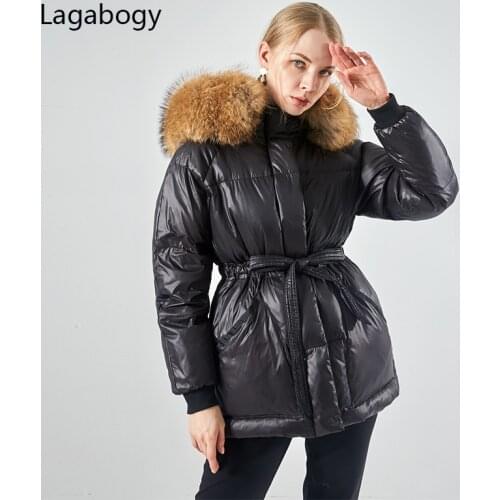 Lagabogy 2021 Winter Women Parkas 90% White Duck Down Jacket Large Real Natural Fur Female Hooded Warm Puffer Coat Loose Outwear