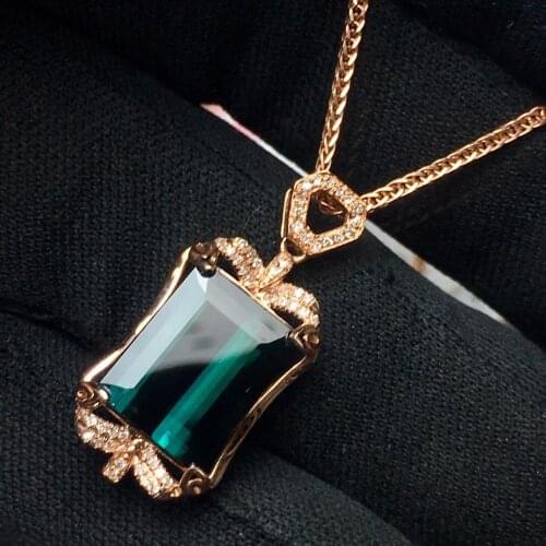 Fine Jewelry Real 18 K Natural Bluish Green Tourmaline 6.6ct Brazil Origin Diamonds Gemstone Diamond Womens Pendants Necklaces