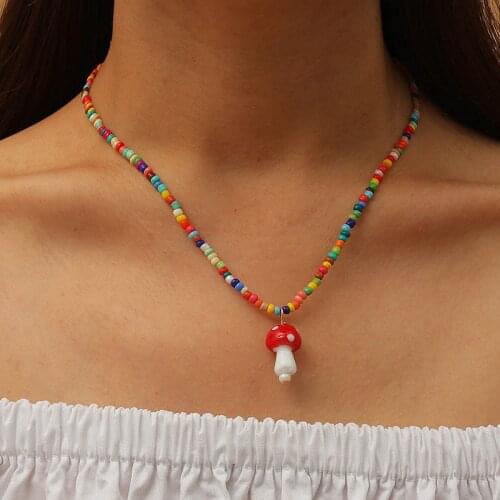 Rainbow Mushroom Necklace Mushroom Choker Multiple Colors Mushroom Beaded Necklace for Women Boho Hippie Choker UI38DGC