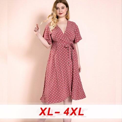 Elegant Wave Point V-neck Womens Dresses Vintage Polka Dots Plus Size Ladies Long Dress Elastic Waist Sashes Lady Slit Dress