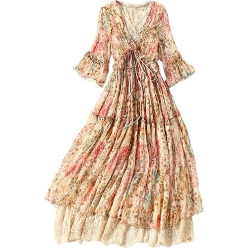 Womens Dress Summer 100% Silk Floral Printed 2021 V-Neck Lace Patchwork Half Sleeves High Waist Lace-Up Loose Fake 2PCS Holiday