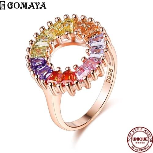 GOMAYA S925 Sterling Silver Rainbow Rings For Women Authentic Wedding Ring Colorful Cubic Zirconia Circle Setting Fine Jewelry