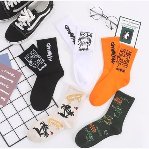 1 Pair Fashion Coconut Tree Owl Orange Women Socks Funny Skateboard Cool Black Socks For Female Casual Cotton Hipster Sox