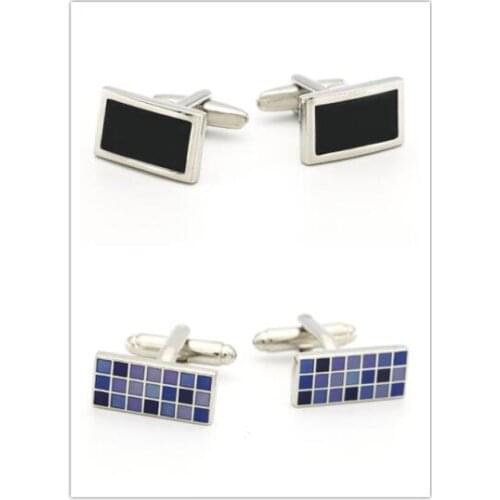 10pairs/lot Copper Rectangle Plating Cufflinks Solid Black/Blue Grid Pattern Cuff Links Business Style Mens Jewelry Gift