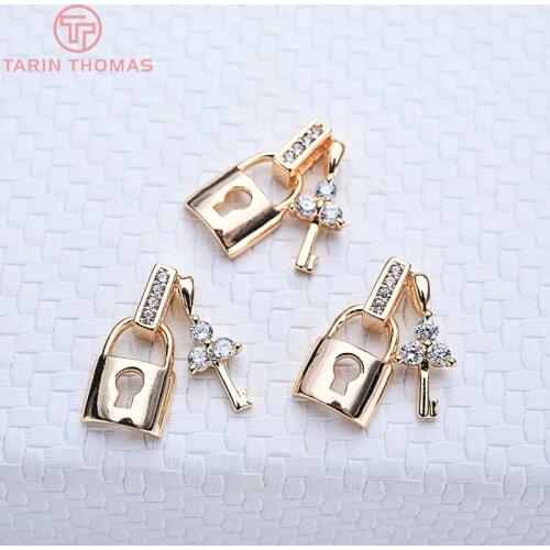 4PCS 8x14MM 24K Gold Color Plated Brass with Zircon Heart and Key Charms Pendants High Quality Diy Jewelry Accessories