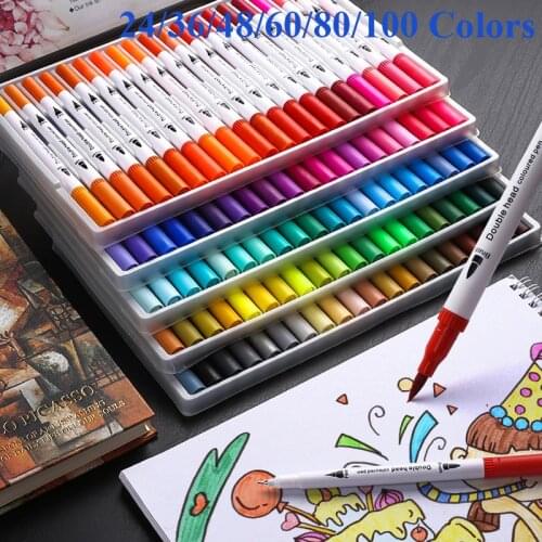 24/48/60/80/100 Colors Dual Head Sketch Markers Brush 0.4mm Fineliner Watercolor Art Marker Dual Tip Marker Pen