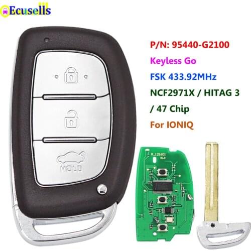 3 Buttons Keyless Go Smart Car Remote Key Fob FSK 433.92MHz ID47 Chip for Hyundai Ioniq 2016 2017 2018 2019 FCC 95440-G2100 HY22