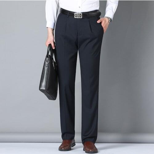 New Mens Casual Pants Business Fashion High Quality Straight Loose High Waist Elastic Trousers Male Brand Clothes Navy