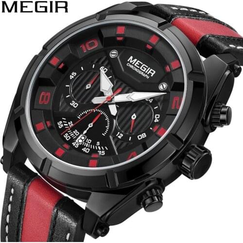 MEGIR Chronograph Sport Watch Men Quartz Wristwatches Clock Fashion Leather Army Military Watches Hour Time Relogio Masculino