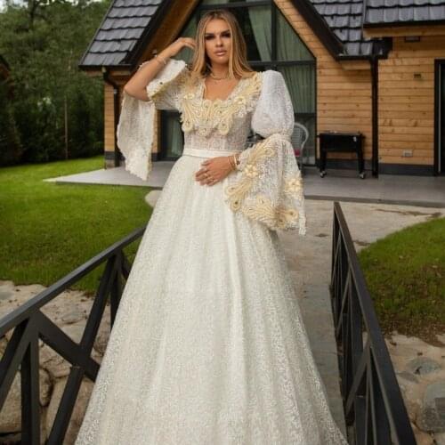 Elegant Traditional Kosovo White Evening Dresses Long Sleeves vestidos formales Applique Prom Dress Party robe de soirée 2021