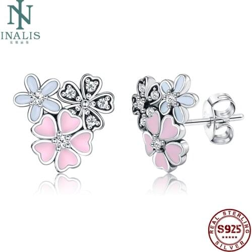 INALIS 925 Sterling Silver Romantic Blooms Flowers Stud Earrings For Women 5A Clear Cubic Zirconia Party Fine Jewelry Hot Sale