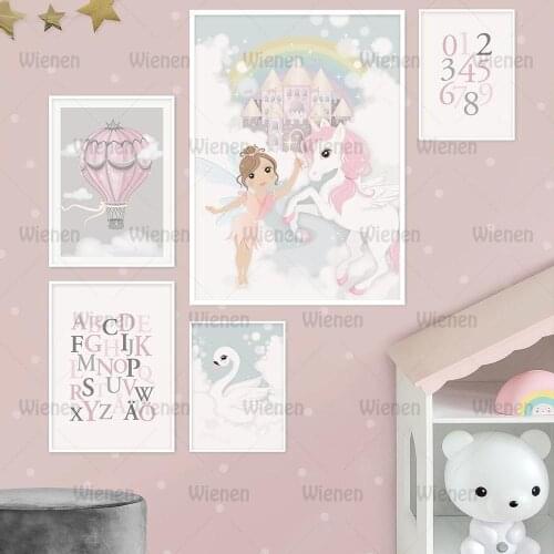 Canvas Painting Fairy Land Cartoon Girl Unicorn Castle Swan Wall Art Nordic Posters and Prints Wall Picture Kids Girl Room Decor