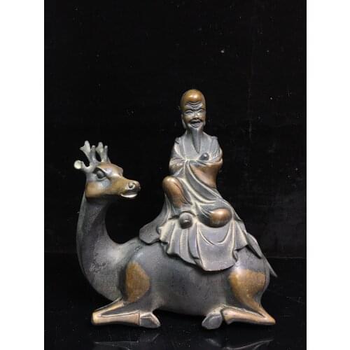8"Chinese temple collection Old Bronze Cinnabar Lacquer Birthday God of Longevity Riding a sika deer Immortal guiding Ornaments