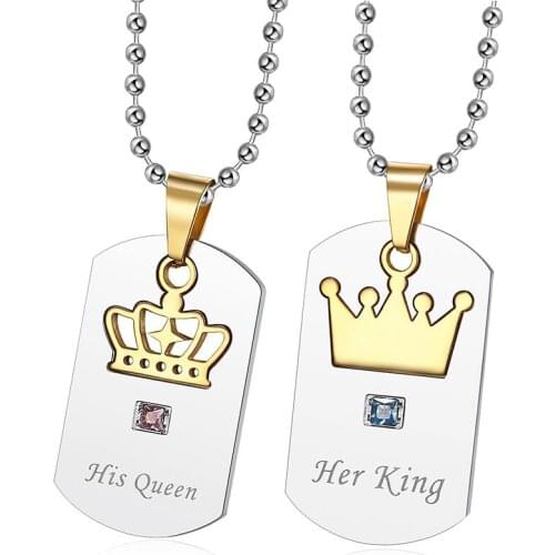 Creative King And Queen Crown Pendant Necklace Fashion Couples Stainless Steel Crystal Zircon Jewelry Romantic Valentines Gift