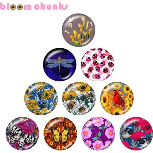 Butterfly Dragonfly flower 12mm/18mm Round glass cabochon flat back Making findings snap button jewelry C1588