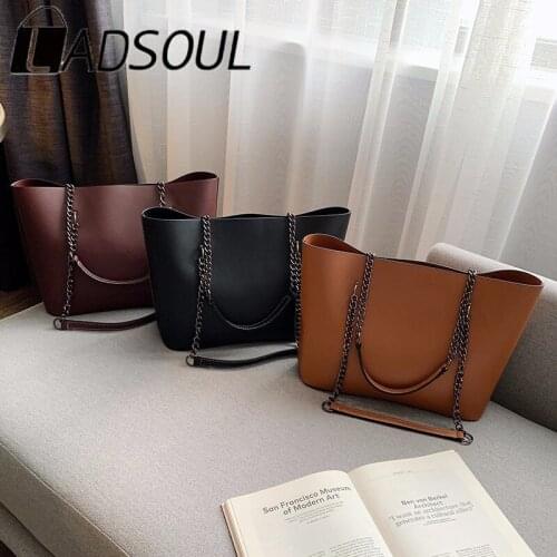 LADSOUL Autumn Casual Large-capacity Fashion Soft Ladies Chain Handbag Solid Color PU Leather Shoulder Messenger Bag Tote Bag