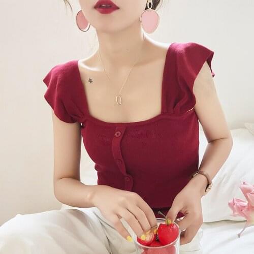 Summer Women Tank Tops Button Up Knitted Camis Square Neck Short Tops