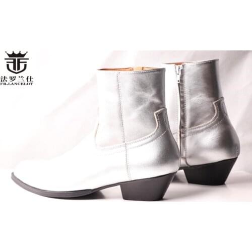 FR.LANCELOT fashion Chelsea boots men print leather boots mujers bota zip up ankle booties party shoes med heel men knight boots