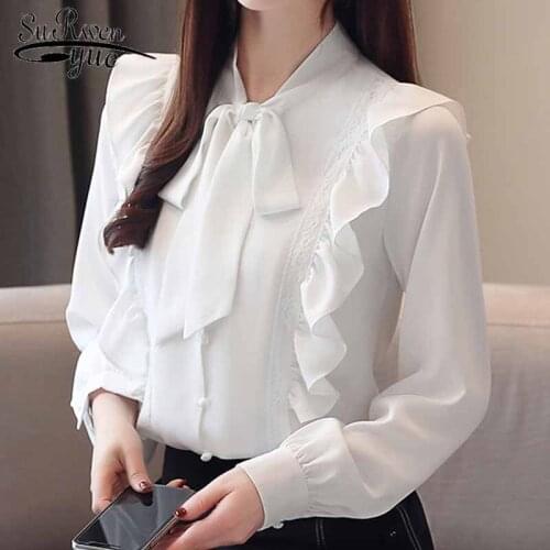 Fashion women blouses 2021 Autumn long sleeve Solid Chiffon Women Blouse Long Sleeve Women shirts ruffles white blouse 5305 50