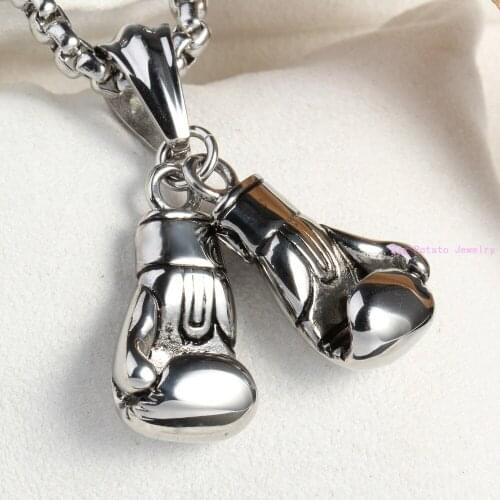 New 2pcs/set Silver Color Biker 316L Stainless Steel Shinny Boxing Glove Pendant Necklace Free Rope Chain Cool Mens Jewelry