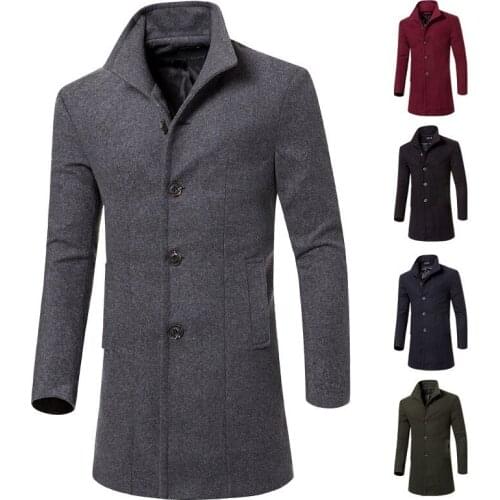Korean-Stylemens Winter Long Jacket Trench Coat Thick Warm Autumn Woolen Overcoats Fashion Long Sleeve Stand Collar Versatile