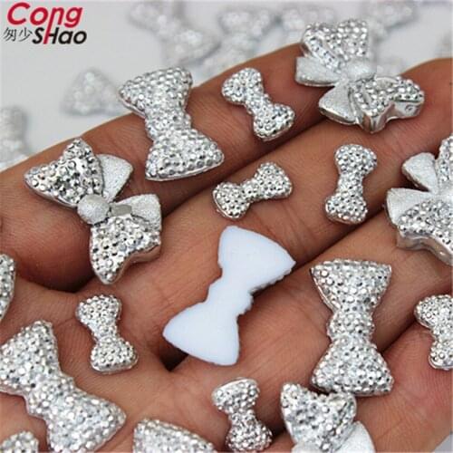 Cong Shao 4Size silvery Bow Tie flatback Resin Rhinestone trim stones and crystals DIY costume Button Decoration CS568
