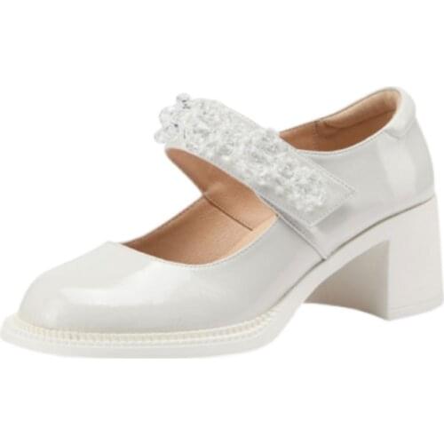 Women Summer Autumn Retro Pumps Shoes Round Toe Mary Janes Shoes Student Patent Leather School Cosplay Fashion Rhinestone Flower