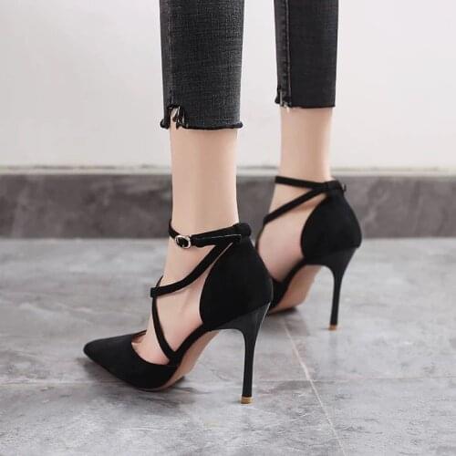 Womens New Stiletto Pointed Suede Straps High Heels Buckle French Girl Single Shoes Sexy Summer Female Sandals Slingback