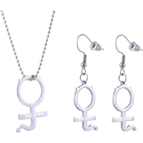 Stainless Steel Internet Girl She Devil Female Symbol Gothic Streetwear Pendant Necklace Earrrings Women Jewerly Set